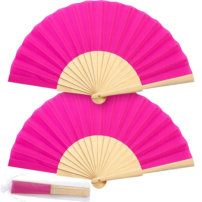 Chuangdi 2 Pieces Folding Hand Fans for Line Dancing Manual Clapping Wooden Wedding Fans Handheld for Women with Drawstring Organza Bags Back to School Gift Party Supply(Rose Red,2 Pcs) - Image 1